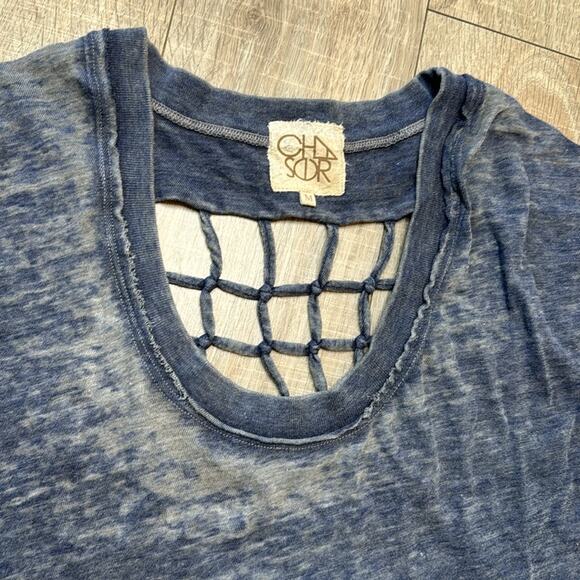 CHASER Women’s Blue Semi Sheer Elbow Sleeve Cut Out Open Back Scoop Neck Top - Picture 3 of 8